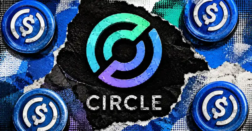 Paper collage featuring the Circle logo inside a torn black opening, surrounded by four blue USDC stablecoin tokens on a textured background.