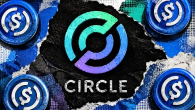 Paper collage featuring the Circle logo inside a torn black opening, surrounded by four blue USDC stablecoin tokens on a textured background.