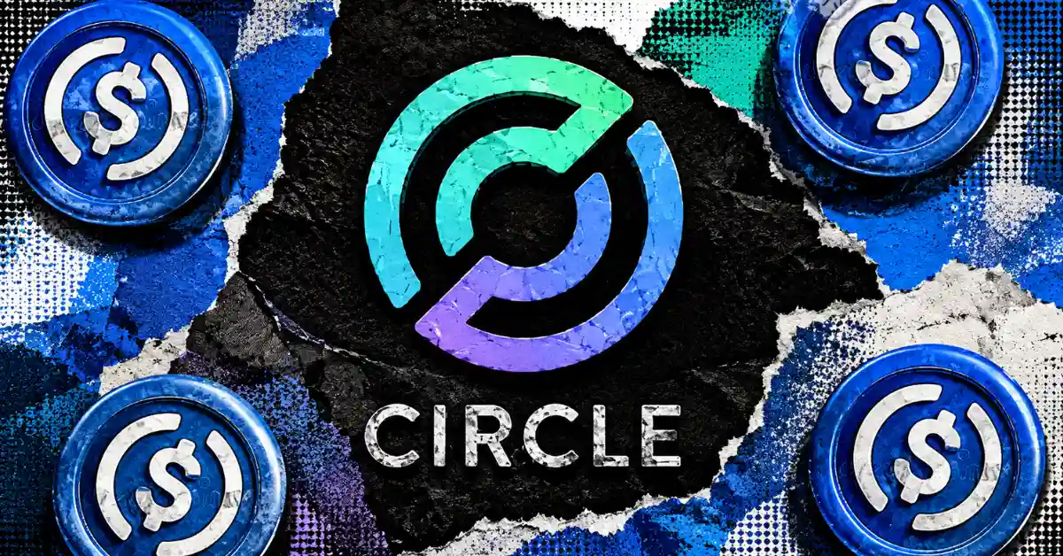 Paper collage featuring the Circle logo inside a torn black opening, surrounded by four blue USDC stablecoin tokens on a textured background.