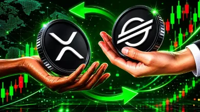 Two hands holding up large black-and-silver tokens for XRP and Stellar XLM, connected by circular green arrows against a market chart background.