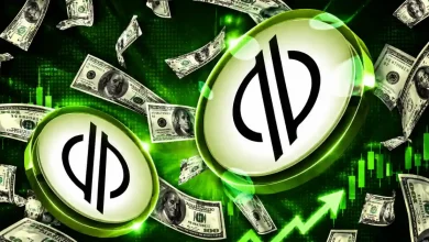 Two hands holding up large black-and-silver tokens for XRP and Stellar XLM, connected by circular green arrows against a market chart background.