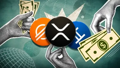 Paper collage of dotted hands holding cash around large crypto tokens for Stellar, Ripple, and Hedera.