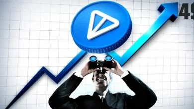 A businessman looking through binoculars up at a blue Toncoin token and a rising blue arrow pointing to a 4-dollar mark.