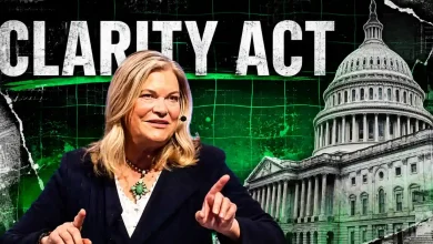 Senator Cynthia Lummis speaking next to the US Capitol building with large "CLARITY ACT" text on a torn green background.