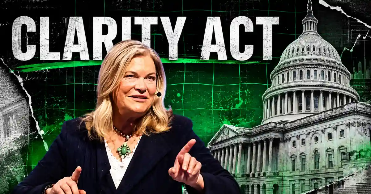 Senator Cynthia Lummis speaking next to the US Capitol building with large "CLARITY ACT" text on a torn green background.