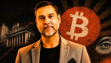 Raoul Pal in front of a large orange Bitcoin logo, Wall Street building, and asset charts on a dark textured background.