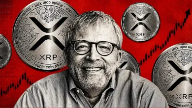 Raoul Pal in front of a large orange Bitcoin logo, Wall Street building, and asset charts on a dark textured background.
