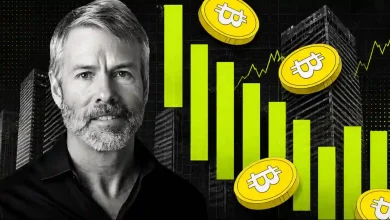 Black and white portrait of Michael Saylor next to declining neon green bar charts and falling yellow Bitcoin coins.