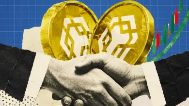 Paper collage of a business handshake with two large golden BNB coins in the background next to a candlestick chart.
