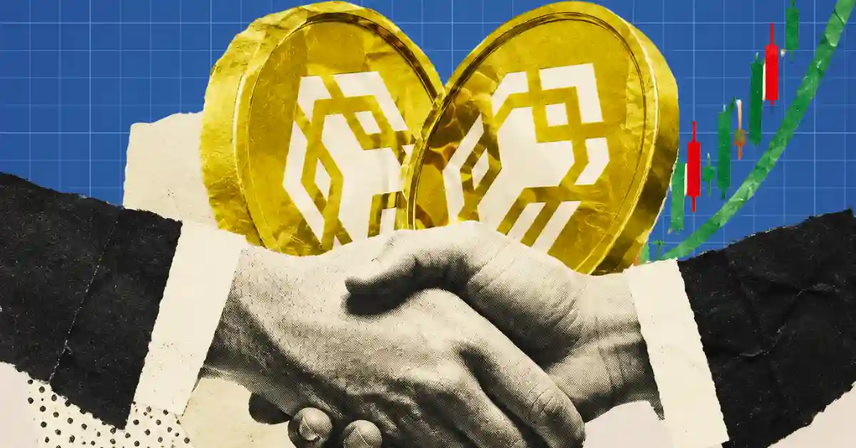 Paper collage of a business handshake with two large golden BNB coins in the background next to a candlestick chart.