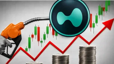 An orange fuel nozzle pointing at a large teal Hyperliquid HYPE token above stacks of coins and a rising red line chart.