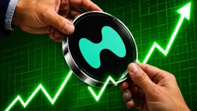 Two hands holding a large metallic Hyperliquid HYPE token against a glowing green grid with a rising line chart.