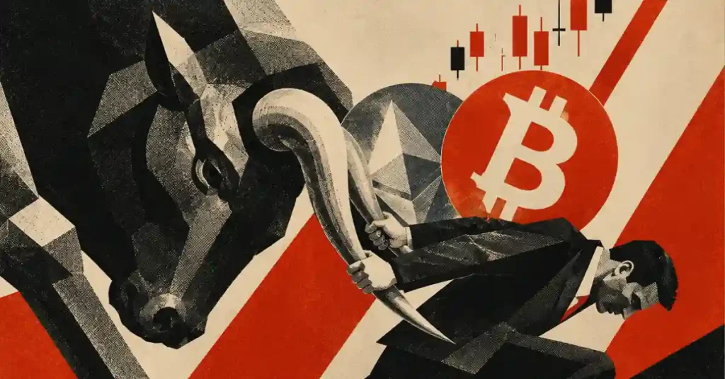 A businessman wrestling a large bull by its horns in front of Bitcoin and Ethereum logos with red candlestick charts.