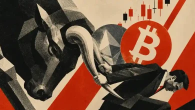 A businessman wrestling a large bull by its horns in front of Bitcoin and Ethereum logos with red candlestick charts.