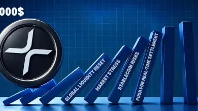 A large metallic Ripple XRP token rolling into a row of falling blue dominoes labeled with global economic factors against a blue grid background.