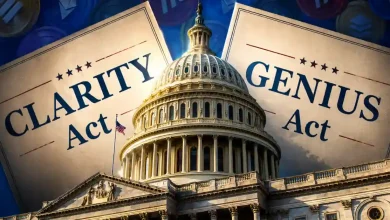 The US Capitol building centered between two prominent documents labeled "CLARITY Act" and "GENIUS Act".