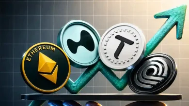 Four crypto tokens including Ethereum, Hyperliquid, Bittensor, and Ronin sitting on a rising green upward arrow.