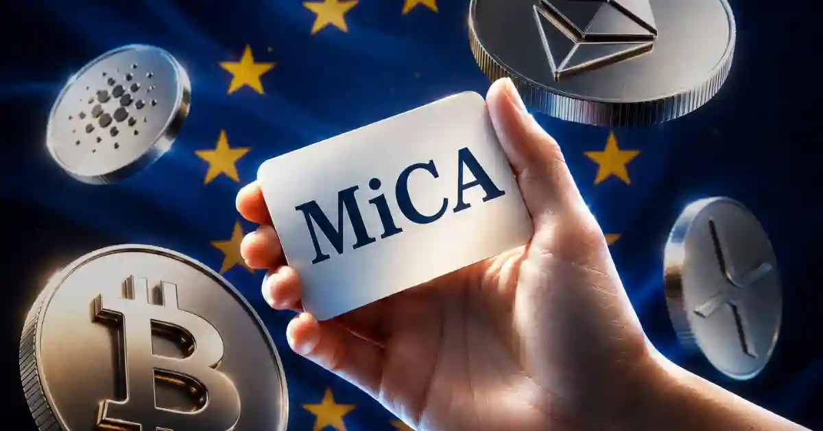 A hand holding a white card labeled "MiCA" surrounded by floating silver cryptocurrency coins against the European Union flag.