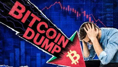 Stressed man holding his head next to a large downward arrow reading "BITCOIN DUMP" over a red candlestick chart background.