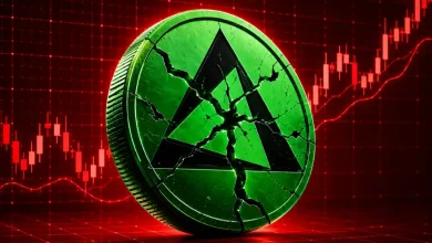 A cracked green coin with a triangle logo centered against a red declining cryptocurrency candlestick chart.