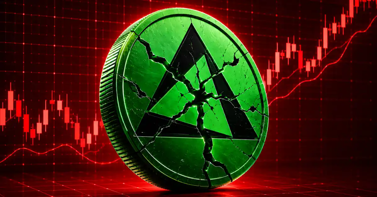 A cracked green coin with a triangle logo centered against a red declining cryptocurrency candlestick chart.