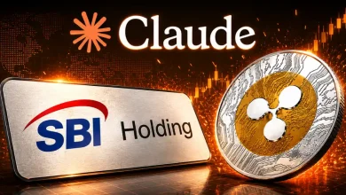 An SBI Holding metallic plaque next to a large silver and gold Ripple XRP token beneath a glowing Claude AI logo.