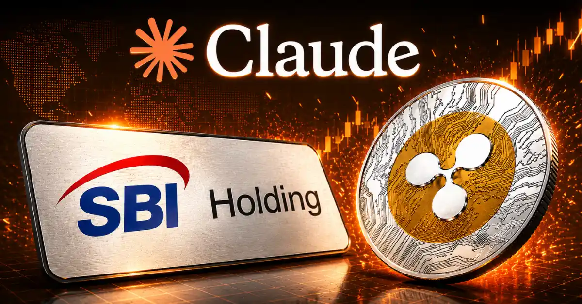 An SBI Holding metallic plaque next to a large silver and gold Ripple XRP token beneath a glowing Claude AI logo.