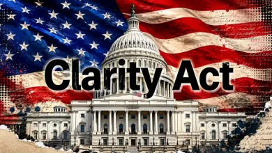 The US Capitol building with the words "Clarity Act" overlaid across a large waving American flag.