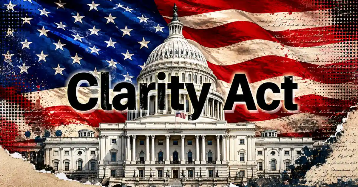 The US Capitol building with the words "Clarity Act" overlaid across a large waving American flag.