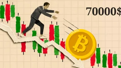 Collage of a man chasing a yellow Bitcoin coin rolling down a white downward arrow next to candlestick charts and a $70,000 text mark.