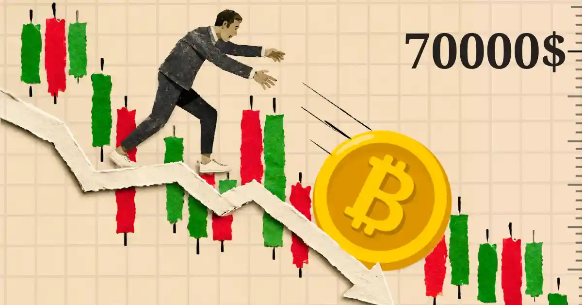 Collage of a man chasing a yellow Bitcoin coin rolling down a white downward arrow next to candlestick charts and a $70,000 text mark.