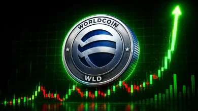 A metallic Worldcoin WLD token centered on a dark background with a glowing green upward trend arrow.