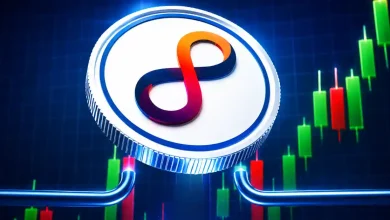 A silver Internet Computer ICP coin with a colorful infinity logo positioned over rising candlestick charts.