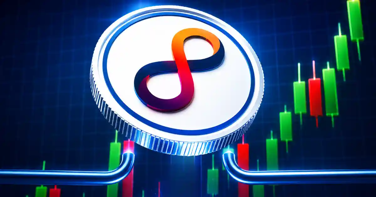 A silver Internet Computer ICP coin with a colorful infinity logo positioned over rising candlestick charts.