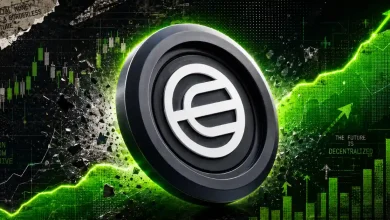 A prominent dark Worldcoin WLD token shattering rocks along a glowing green upward line chart.
