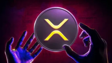 Two hands reaching toward a glowing silver and yellow Ripple XRP token against a dark red grid background.