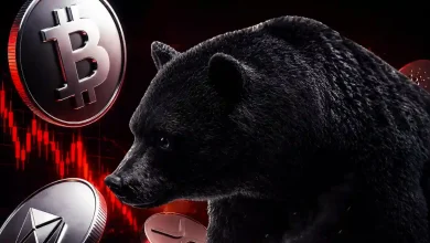 A large black bear surrounded by silver Bitcoin and Ethereum tokens against a red declining candlestick chart.