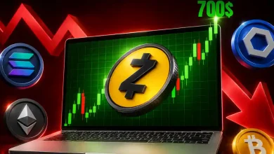 A yellow Zcash ZEC token on a laptop screen displaying a rising green chart toward a $700 target mark.