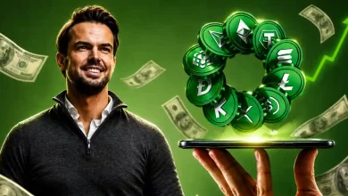 A smiling Michaël van de Poppe next to a hand holding a smartphone displaying a glowing ring of green crypto tokens and floating dollar bills.