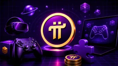 A golden Pi Network coin surrounded by purple gaming gear, including a controller, VR headset, and a laptop showing a gamepad.