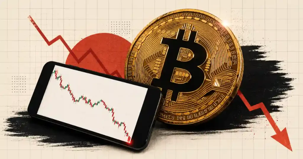 A smartphone showing a plunging candlestick chart next to a large gold Bitcoin coin with a downward red arrow background.