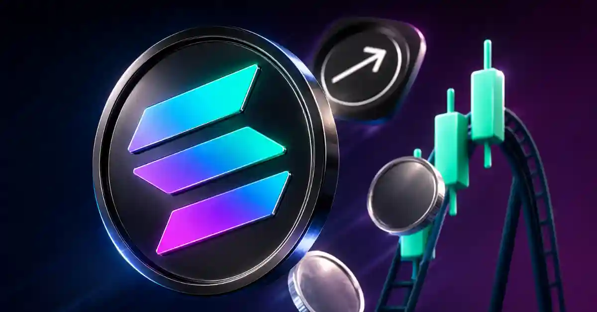 A glossy Solana SOL token next to green candlestick charts arranged like a rollercoaster track.