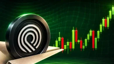 A dark ONDO token resting on a cardboard plane with a rising green candlestick chart background.
