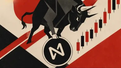 An artistic illustration of a powerful black bull stepping on a Near Protocol logo next to climbing candlesticks.