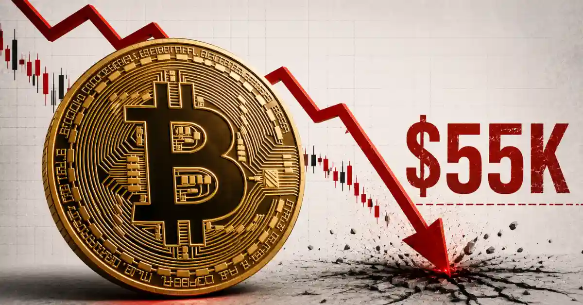 A large gold Bitcoin coin next to a sharp red downward arrow crashing into the ground with a $55K text mark.A large gold Bitcoin coin next to a sharp red downward arrow crashing into the ground with a $55K text mark.