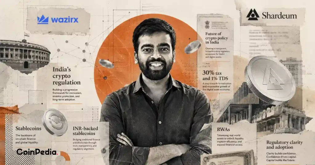 Collage of Wazirx and Shardeum founder Nischal Shetty with text about India's crypto regulation and 30% tax.