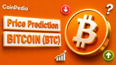 A 3D Bitcoin logo with "Price Prediction BITCOIN (BTC)" text and directional arrows on an orange background.