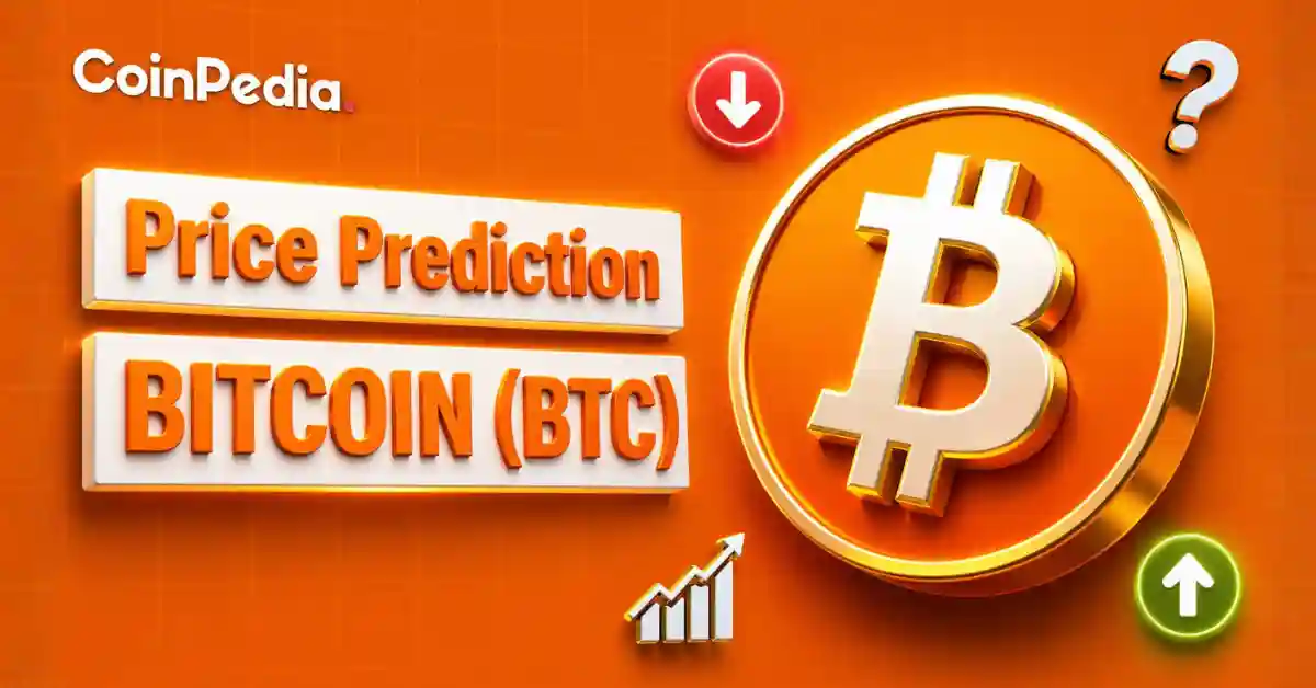 A 3D Bitcoin logo with "Price Prediction BITCOIN (BTC)" text and directional arrows on an orange background.