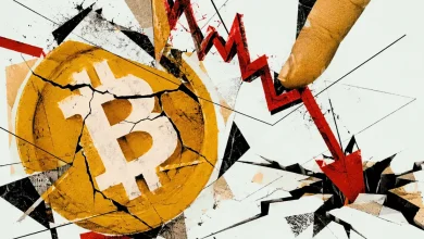 An abstract drawing of a cracked gold Bitcoin token being pushed down by a finger along a red arrow.