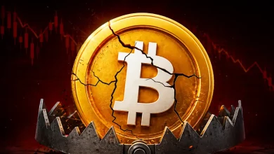 A cracked gold Bitcoin coin trapped inside a metal bear trap against a red declining chart.